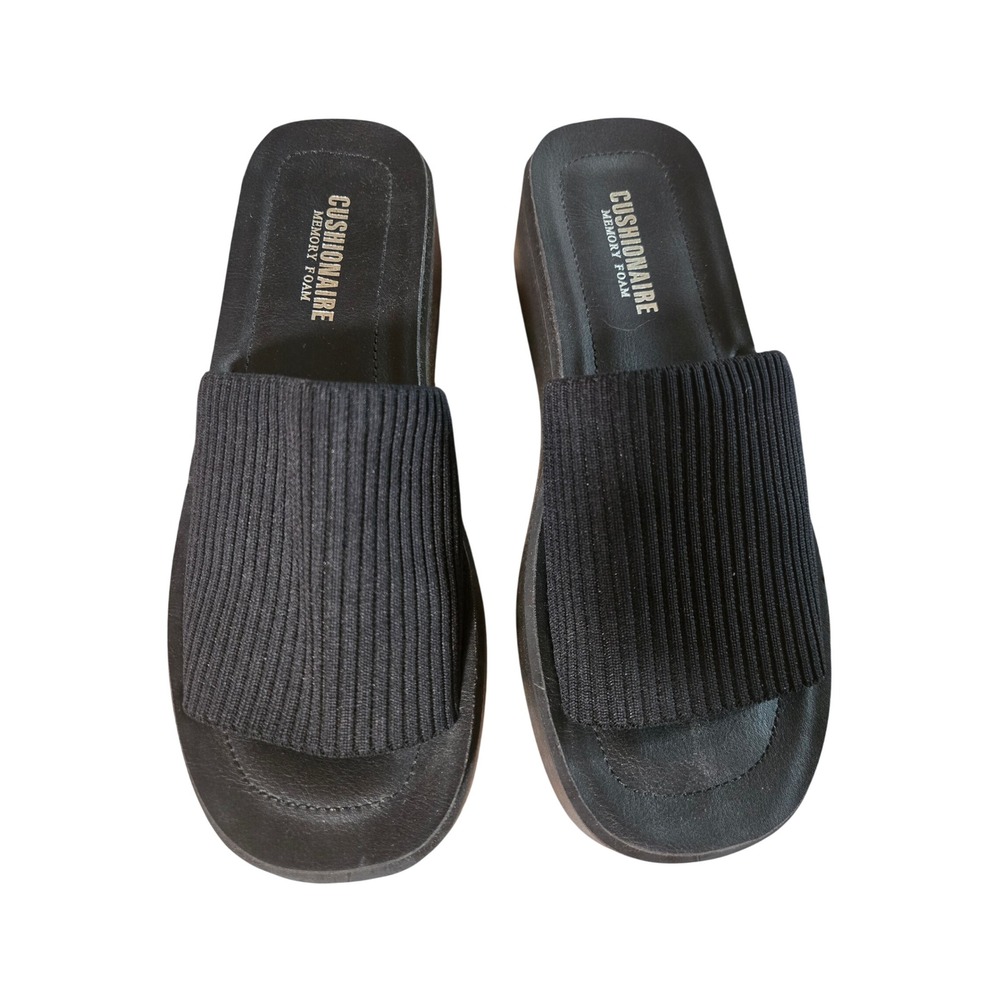 Cushionaire Women Black Ribbed Pim Knit Platform Slide Sandals Memory Foam 8.5